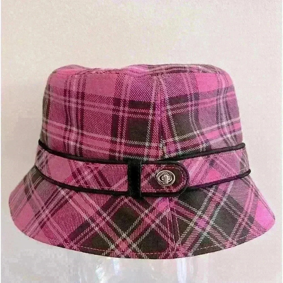 Coach Wool Pink Plaid Twist Buckle Bucket Hat - Picture 2 of 6